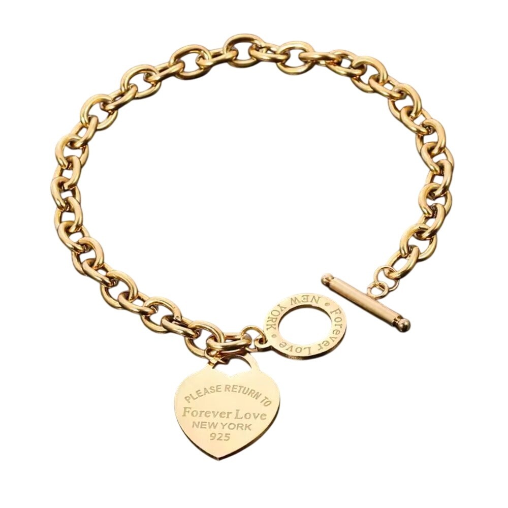 Forever Love New York 925 Gold‎ Chain Bracelet Heart Charm Toggle Clasp 200mm